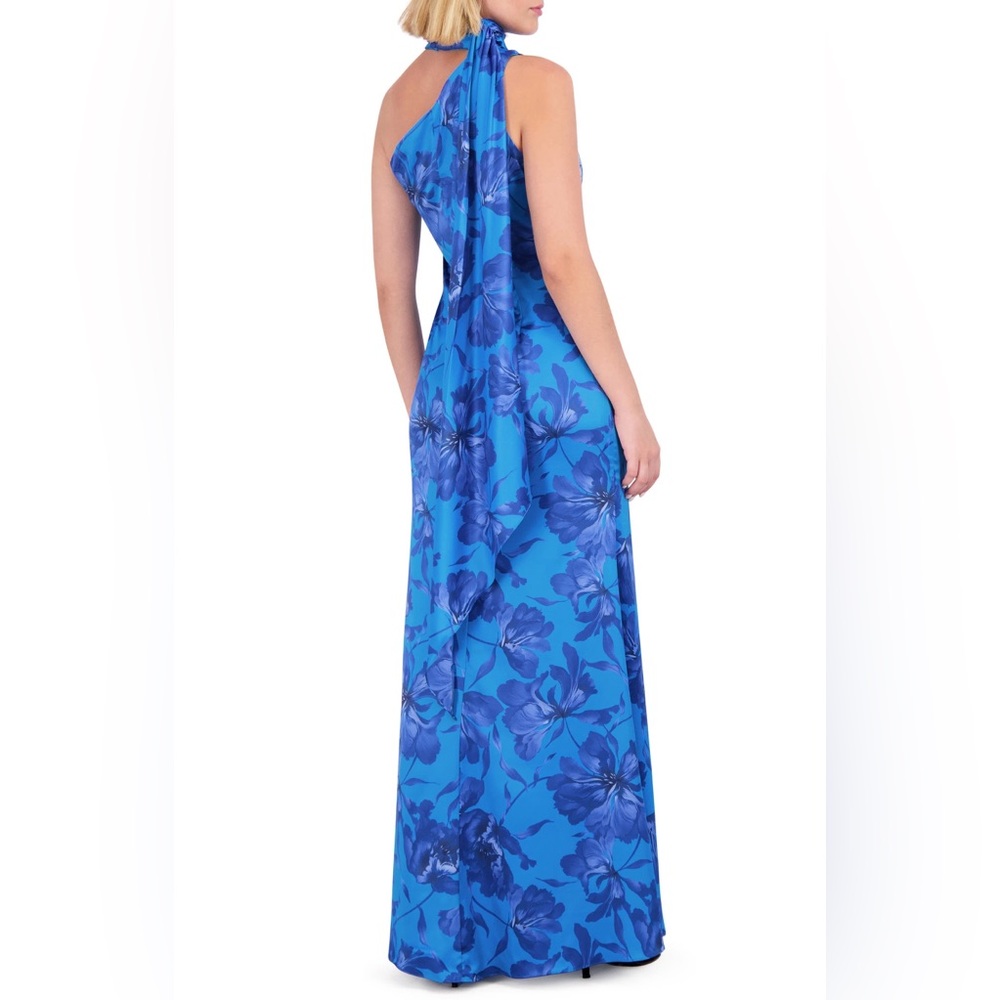 Vince Camuto One Shoulder Drape Mock Neck Sleeveless Floral Sheath Dress - Picture 2 of 3